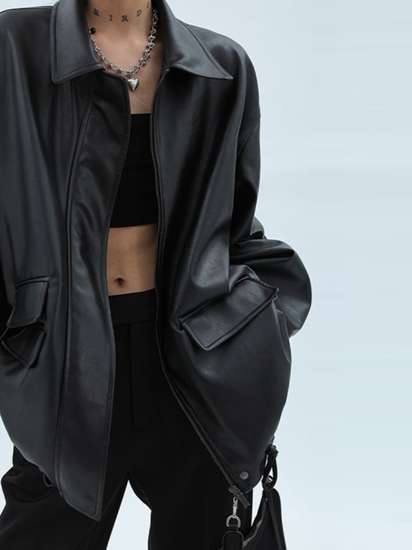 Vintage Lapel Neck Zip Up Motorcycle Leather Jacket-3