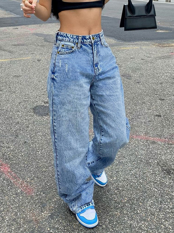 Basic Wash Straight Leg Boyfriend Jeans-1