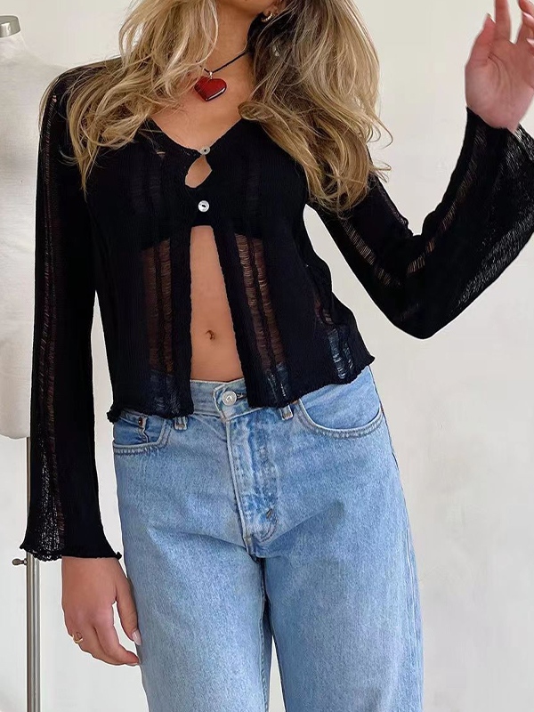 Cutout Slit Trumpet Sleeve Long Sleeve Knit-2
