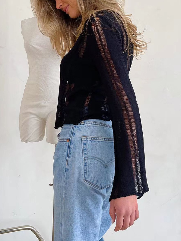 Cutout Slit Trumpet Sleeve Long Sleeve Knit-4