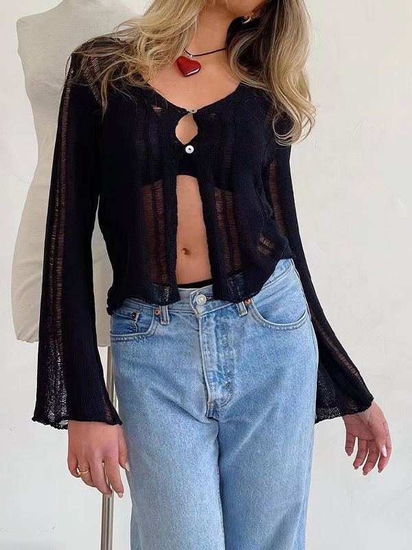 Cutout Slit Trumpet Sleeve Long Sleeve Knit-3