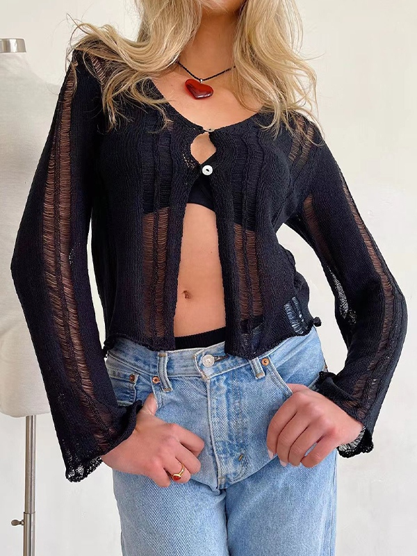 Cutout Slit Trumpet Sleeve Long Sleeve Knit-1